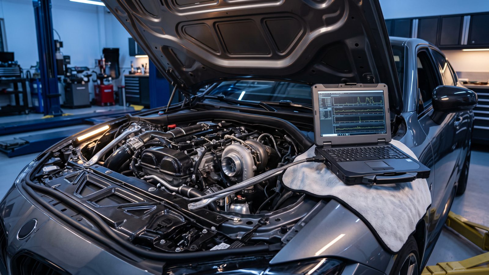 Chip tuning Beograd, laptop povezan na kompjuter motora u radionici