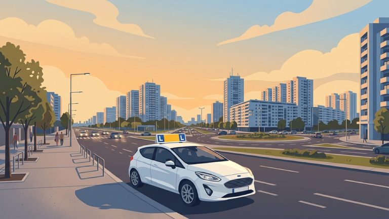 Auto škole Beograd, auto sa plavom L oznakom na bulevaru na Novom Beogradu