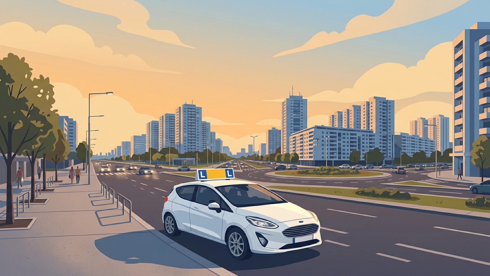 Auto škole Beograd, auto sa plavom L oznakom na bulevaru na Novom Beogradu